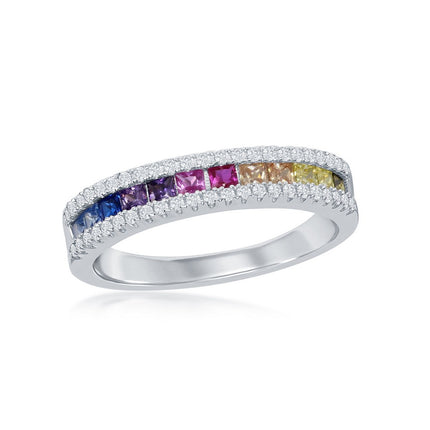 Sterling Silver Half Channel-Set Rainbow CZ Ring - W-2137 ,
