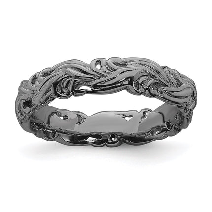 Sterling Silver Stackable Expressions Black-plated Carved Band | QSK1674 ,