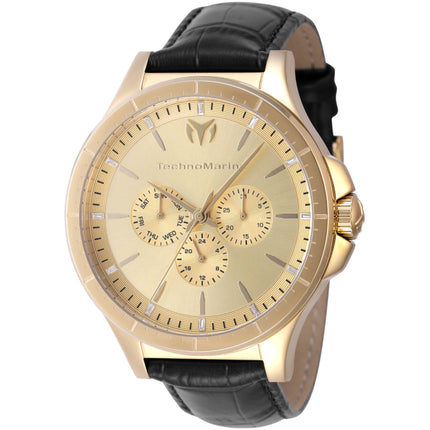 Technomarine Men's Watch - MoonSun Gold Dial Black Leather Strap Day-Date | TM-822031 ,
