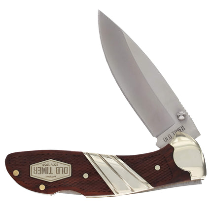 Schrade Folding Knife - Old Timer Brown Checkered Wood Handle Medium Lockback | SC31OT ,