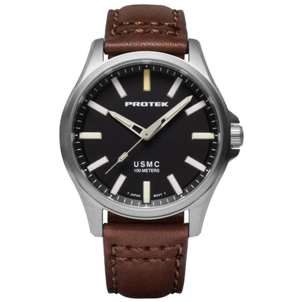 Protek Men's Watch - USMC Series Quartz Black Dial Dark Brown Leather Strap | 3101 ,