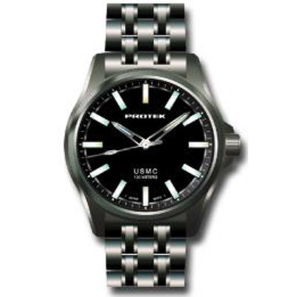 Protek Men's Watch - USMC Series Quartz Solid Black Dial Gunmetal Bracelet | 3102BR ,