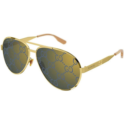 Gucci Men's Sunglasses - Gold Full Rim Aviator Frame Blue Logo Lens | GG1513S 005 ,