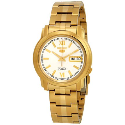 Seiko Men's Watch - Seiko 5 Automatic White Dial Yellow Gold Bracelet | SNKK84 ,