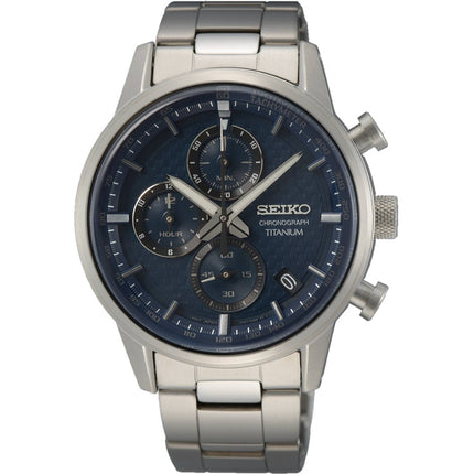 Seiko Men's Watch - Chronograph Quartz Blue Dial Grey Titanium Bracelet | SSB387 ,