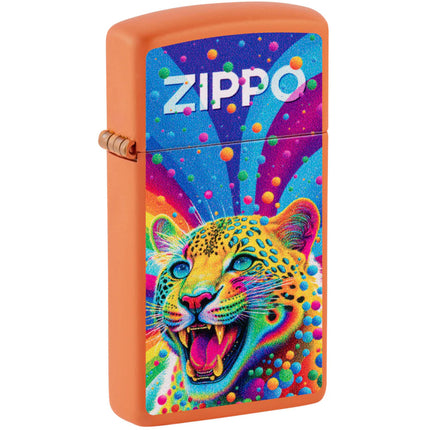 Zippo Windproof Pocket Lighter Slim Playful Leopard Design Orange Matte 46018 ,