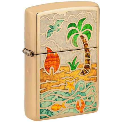 Zippo Windproof Pocket Lighter Beach Day design High Polish Brass Finish 46140 ,