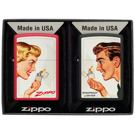 Zippo Windproof Pocket Lighter Set Vintage Ad Matte Red and Matte Black 46295 ,
