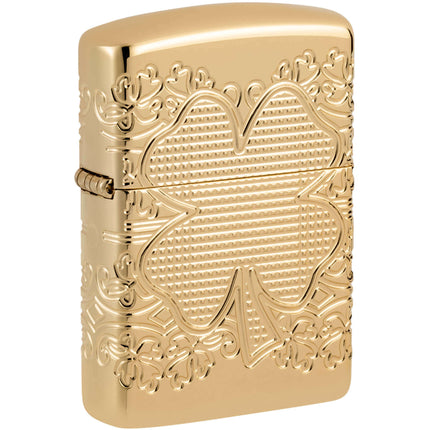 Zippo Windproof Pocket Lighter Lucky Clover Design High Polish Gold Metal 46301 ,