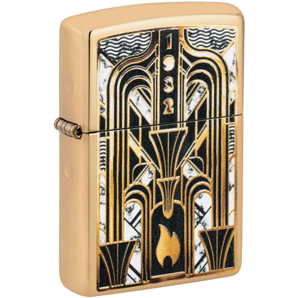Zippo Windproof Pocket Lighter Art Deco Flame Design High Polish Brass 46585 ,