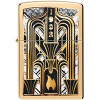 Zippo Windproof Pocket Lighter Art Deco Flame Design High Polish Brass 46585 ,