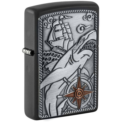 Zippo Windproof Pocket Lighter Ship Shark Emblem Design Matte Black Metal 48120 ,