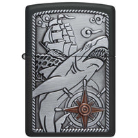 Zippo Windproof Pocket Lighter Ship Shark Emblem Design Matte Black Metal 48120 ,