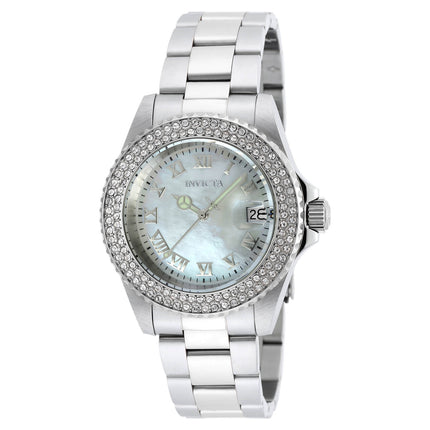 Invicta 19873 Women's Angel Crystal Accented Bezel White MOP Dial Steel Bracelet Dive Watch ,