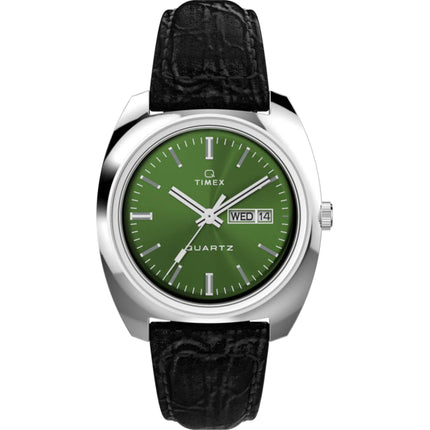 Timex Men's Watch - Q Timex Quartz Date Green Dial Black Leather Strap | TW2W44700 ,
