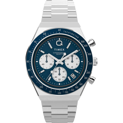 Timex Men's Watch - Q Timex Chrono Blue and White Dial Silver Bracelet | TW2W51600 ,