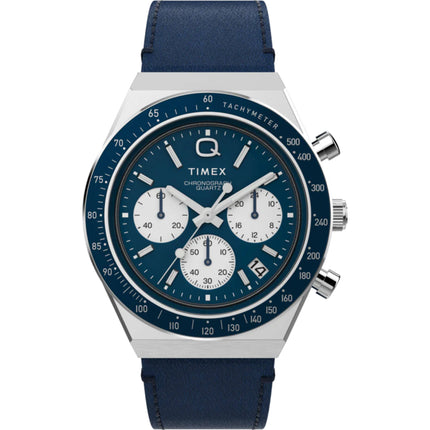 Timex Men's Watch - Q Timex Chronograph Blue and White Dial Leather Strap | TW2W51700 ,