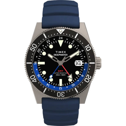 Timex Men's Watch - Deepwater Reef GMT Black Dial Blue Rubber Strap Dive | TW2W75100 ,
