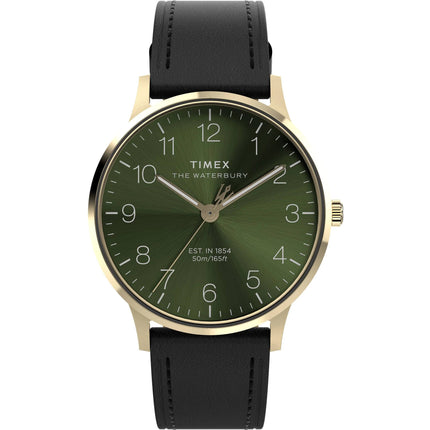 Timex Men's Watch - Waterbury Quartz Green Dial Dark Brown Leather Strap | TW2W75900 ,