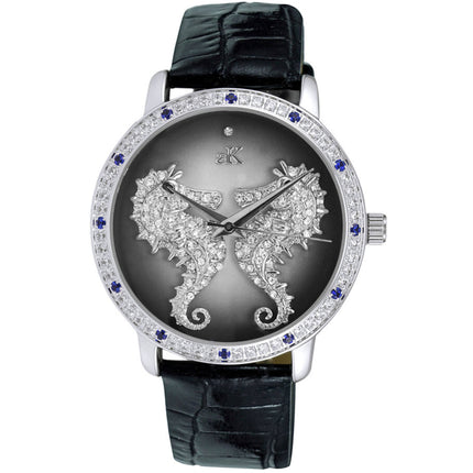 Adee Kaye Women's Watch - Seahorsee Quartz Grey Dial Black Leather Strap | AK2002-LBU ,