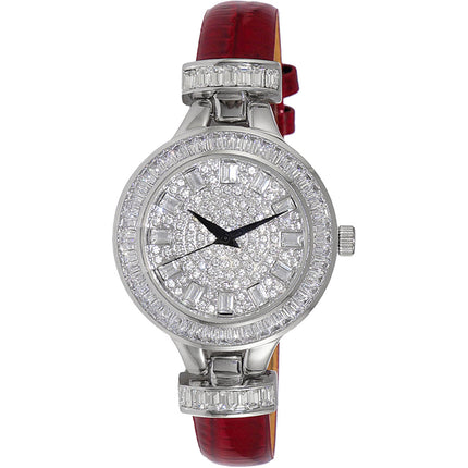 Adee Kaye Women's Watch - Gems Quartz Silver Dial Red Leather Strap | AK2522-LRD ,