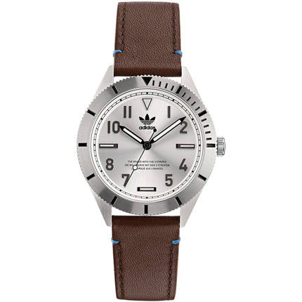Adidas Men's Watch - Originals Silver Tone Dial Brown Leather Strap | AOFH22505 ,