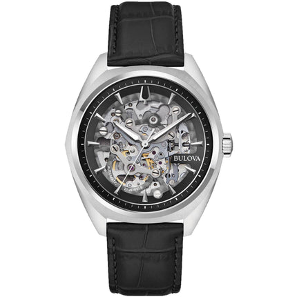 Bulova Men's Watch - Surveyor Automatic Silver Tone Case Black Leather Strap | 96A310 ,