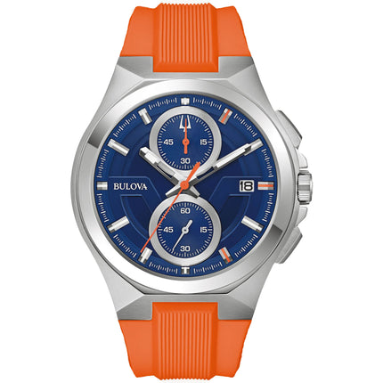 Bulova Men's Watch - Maquina Quartz SS Case Blue Dial Orange Rubber Strap | 96B407 ,