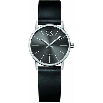 Calvin Klein Women's Watch - Post Minimal Grey Dial Black Leather Strap | K7622107 ,