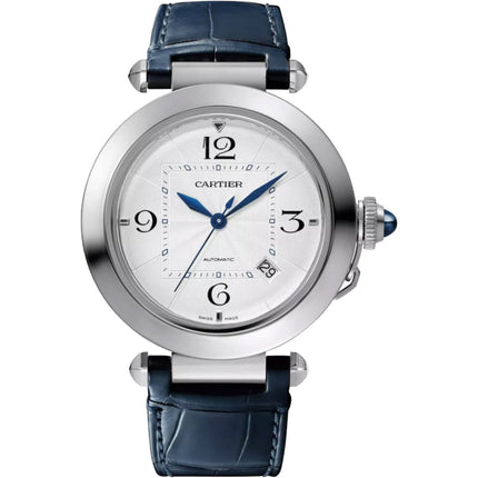 Cartier Men's Watch - Pasha Automatic Silver Tone Dial Blue Leather Strap | WSPA0010 ,