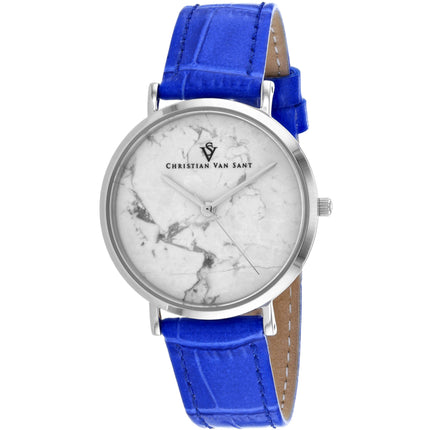 Christian Van Sant Women's Watch - Lotus White Dial Blue Leather Strap | CV0420 ,