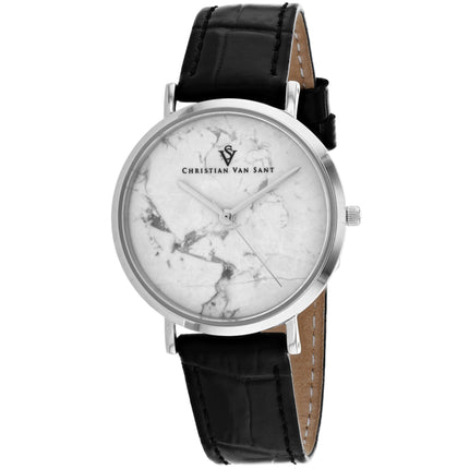 Christian Van Sant Women's Watch - Lotus Quartz White Dial Black Strap | CV0420BK ,