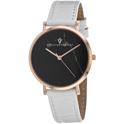 Christian Van Sant Women's Watch - Lotus Black Dial White Leather Strap | CV0423 ,