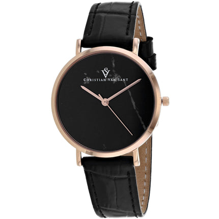 Christian Van Sant Women's Watch - Lotus Quartz Black Dial Leather Strap | CV0423BK ,