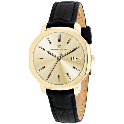 Christian Van Sant Women's Watch - Octave Slim Quartz Black Leather Strap | CV0508 ,