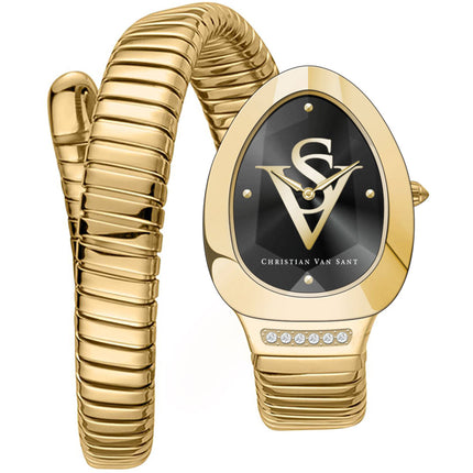 Christian Van Sant Women's Watch - Naga Quartz Black Dial Yellow Gold Band | CV0870 ,