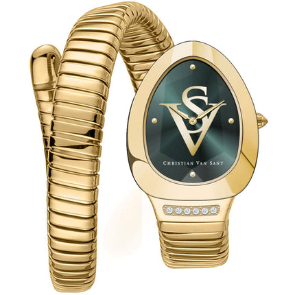 Christian Van Sant Women's Watch - Naga Quartz Green Dial Yellow Gold Band | CV0875 ,