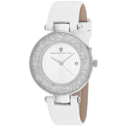 Christian Van Sant Women's Watch - Dazzle Quartz Silver Dial Leather Strap | CV1220 ,