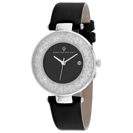 Christian Van Sant Women's Watch - Dazzle Quartz Black Dial Leather Strap | CV1221 ,