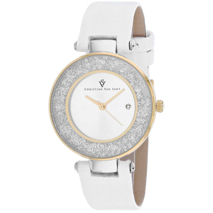 Christian Van Sant Women's Watch - Dazzle Quartz Silver Dial Leather Strap | CV1223 ,