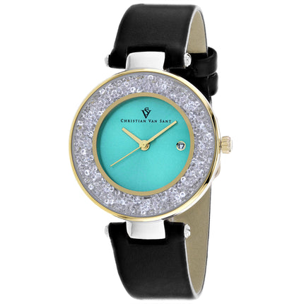 Christian Van Sant Women's Watch - Dazzle Quartz Blue Dial Leather Strap | CV1225 ,
