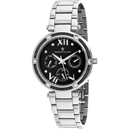 Christian Van Sant Women's Watch - Sienna Quartz Black Dial Silver Bracelet | CV1820 ,