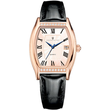Christian Van Sant Women's Watch - Gemma Quartz Rose Gold Dial Black Strap | CV2445 ,