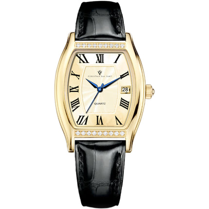 Christian Van Sant Women's Watch - Gemma Quartz Gold Tone Dial Black Strap | CV2446 ,