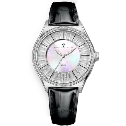 Christian Van Sant Women's Watch - Luna Quartz Mop Dial Black Leather Strap | CV3200 ,