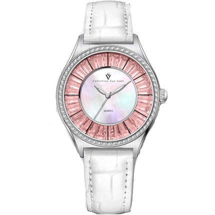 Christian Van Sant Women's Watch - Luna Quartz Mop Dial White Leather Strap | CV3201 ,