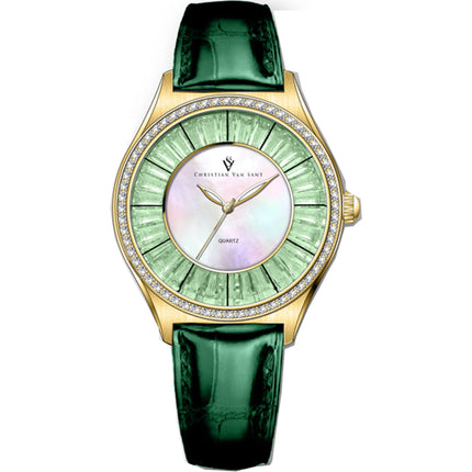 Christian Van Sant Women's Watch - Luna Quartz Mop Dial Green Leather Strap | CV3204 ,