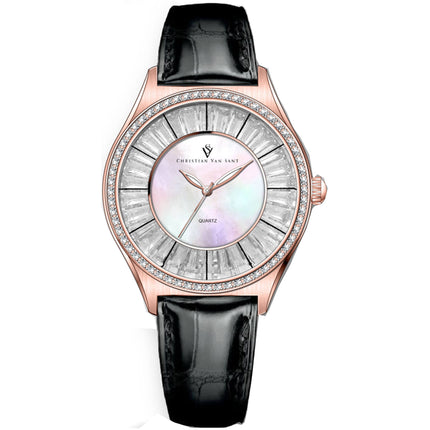 Christian Van Sant Women's Watch - Luna Quartz Mop Dial Black Leather Strap | CV3205 ,