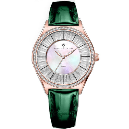 Christian Van Sant Women's Watch - Luna Quartz Mop Dial Green Leather Strap | CV3207 ,