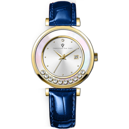 Christian Van Sant Women's Watch - Bria Silver Tone Dial Blue Leather Strap | CV3813 ,